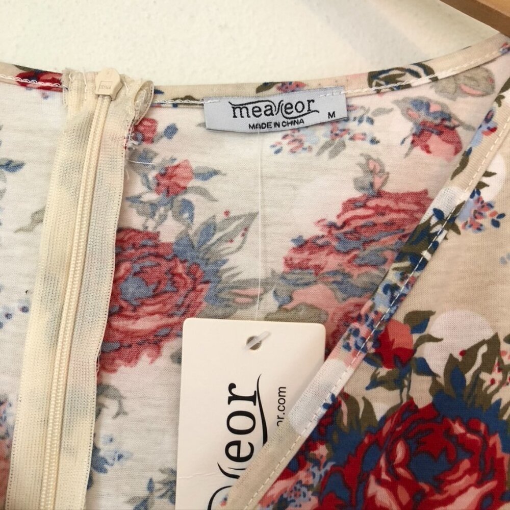 NEW NWT MEAVEOR Beige White Red Blue Floral Polka Dot Faux Wrap Dress Medium M - Picture 4 of 10